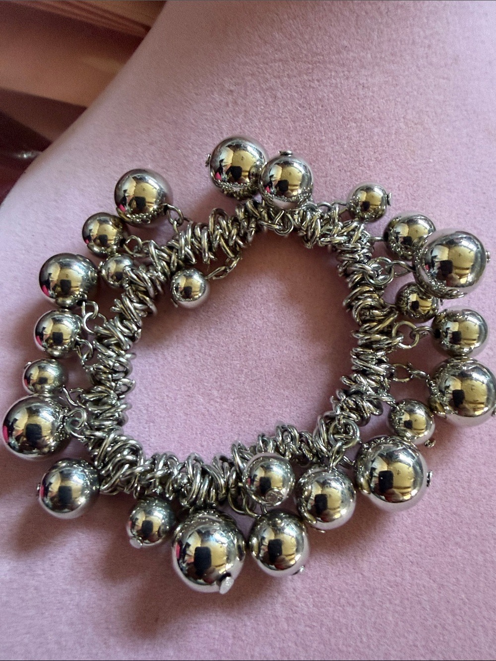 Silver Tone Charm Ball Bracelet, 7”Stretch, (J0127)